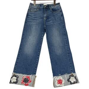 Driftwood Charlee Cuff Wide Leg Crop Jeans Womens 8 Floral Applique Boho Hippy